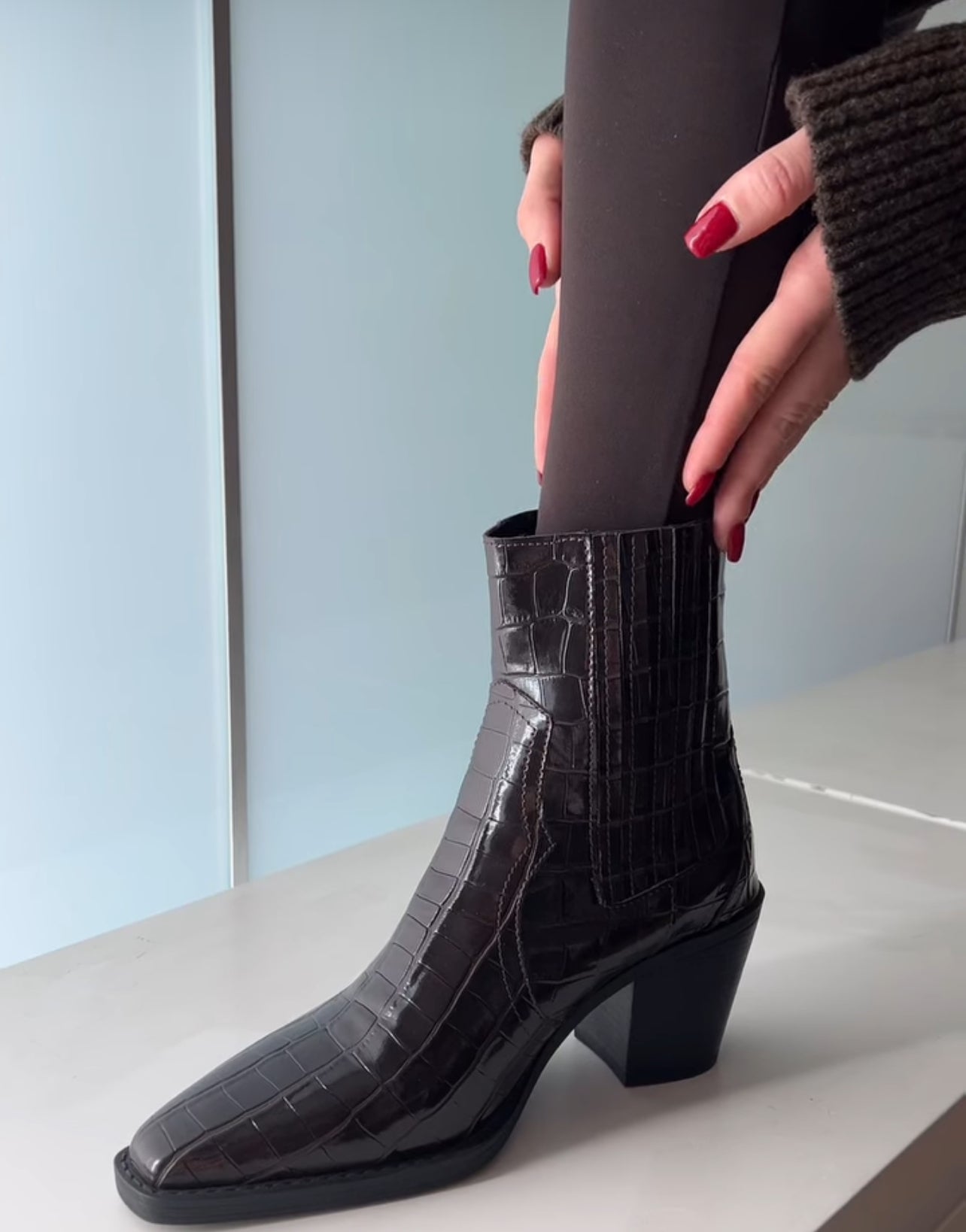 Pointed croc half boots